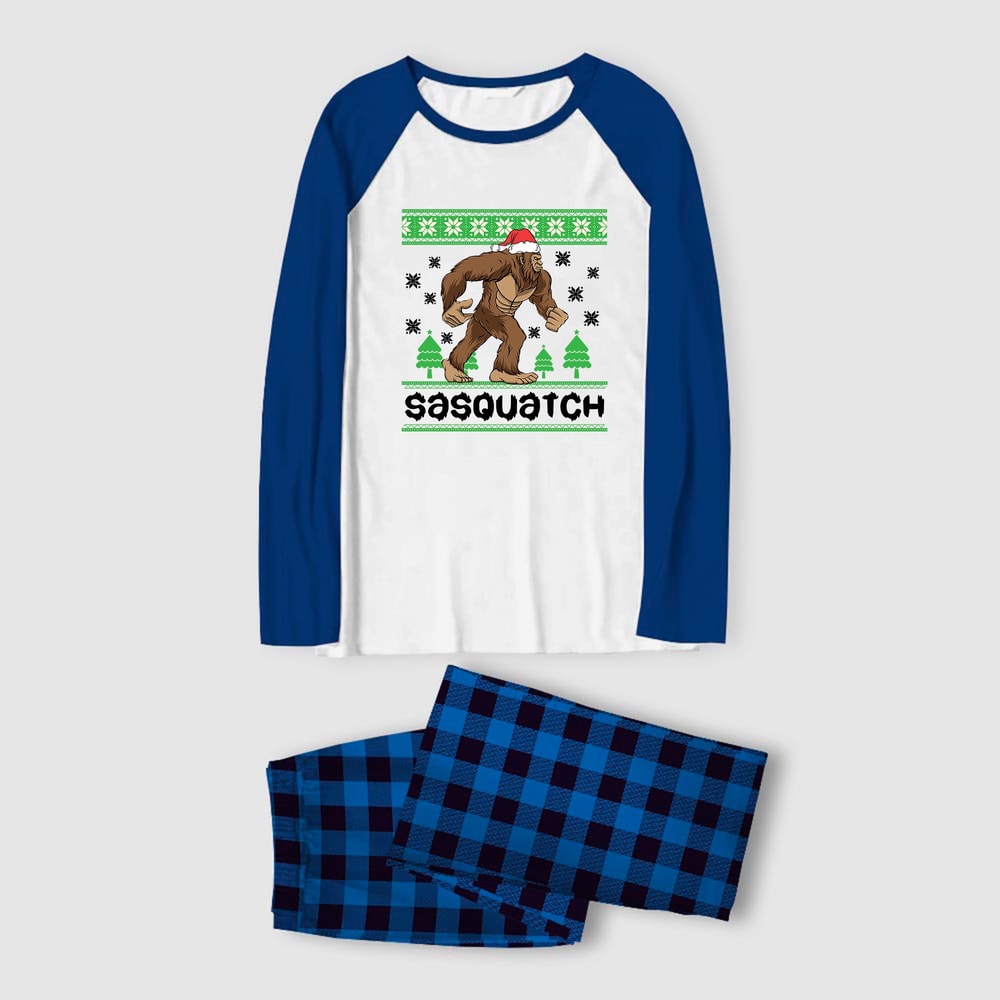 Sasquatch Holiday Pajamas Blue Plaid for Bigfoot Winter Celebrations