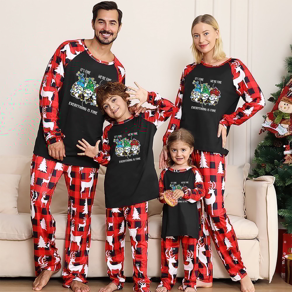Funny “Everything Is Fine” Matching Family Christmas Pajamas Red Plaid