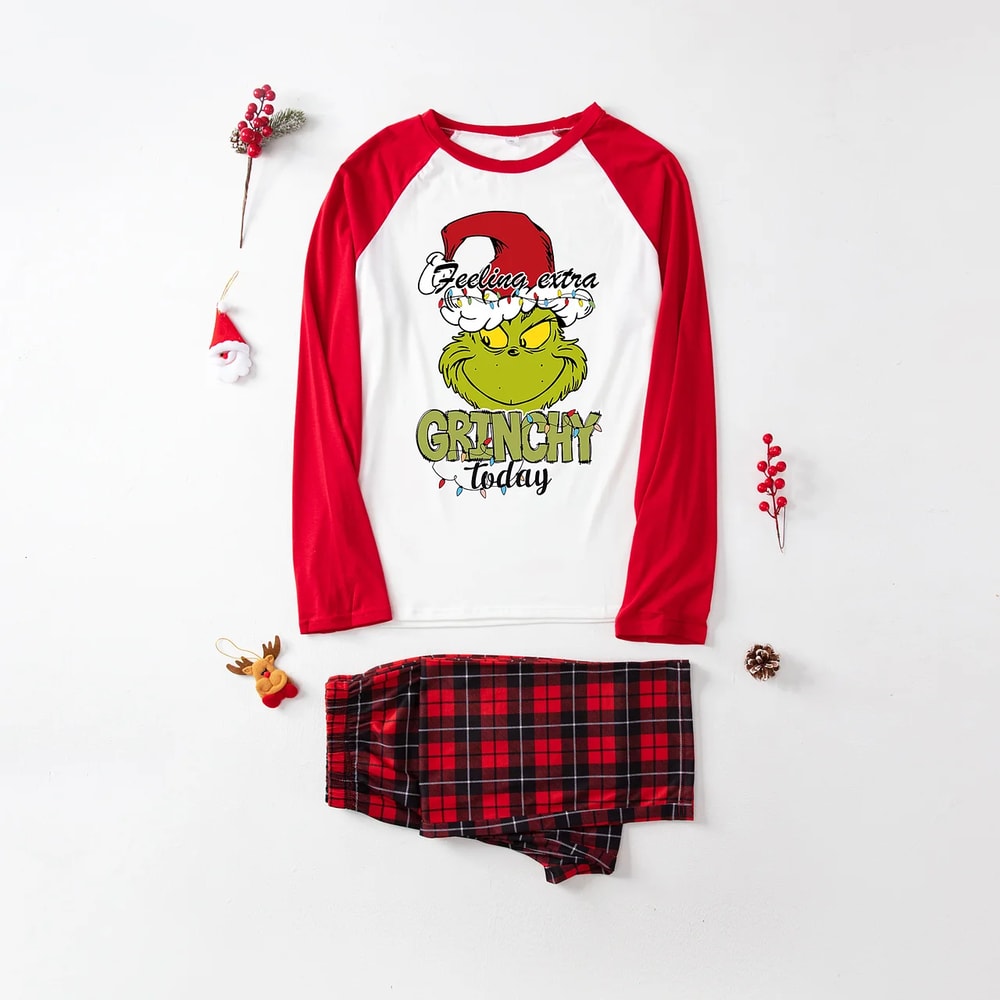 Family Christmas Pajamas Feeling Extra Grinchy Today Red Plaid Matching Holiday Set
