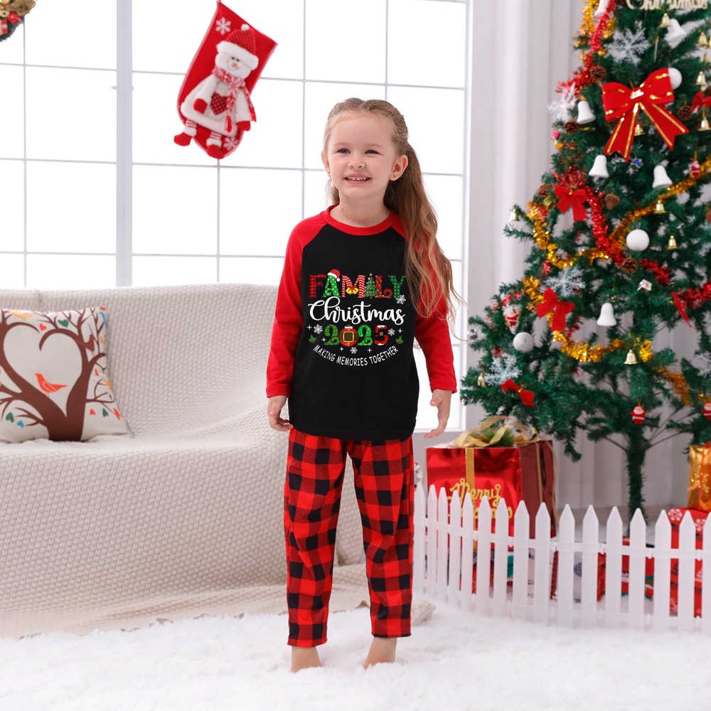 Family Christmas Memories Matching Holiday Pajama Set in Red Buffalo Plaid