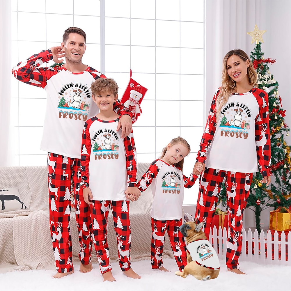 Red Plaid Feelin’ a Little Frosty Snowman Matching Family Christmas PJs