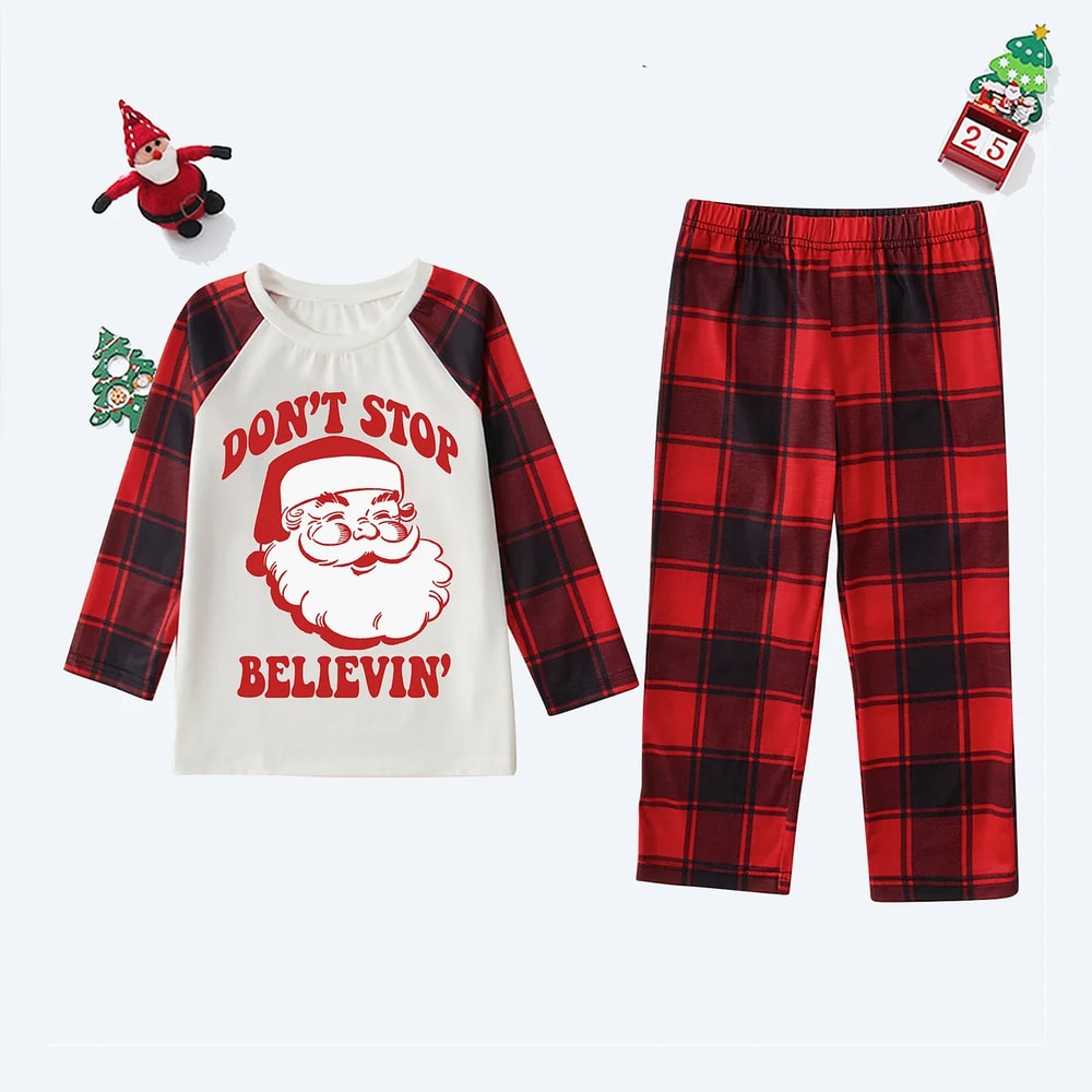 Don't Stop Believe Santa Print Christmas Family Matching Pajamas Set