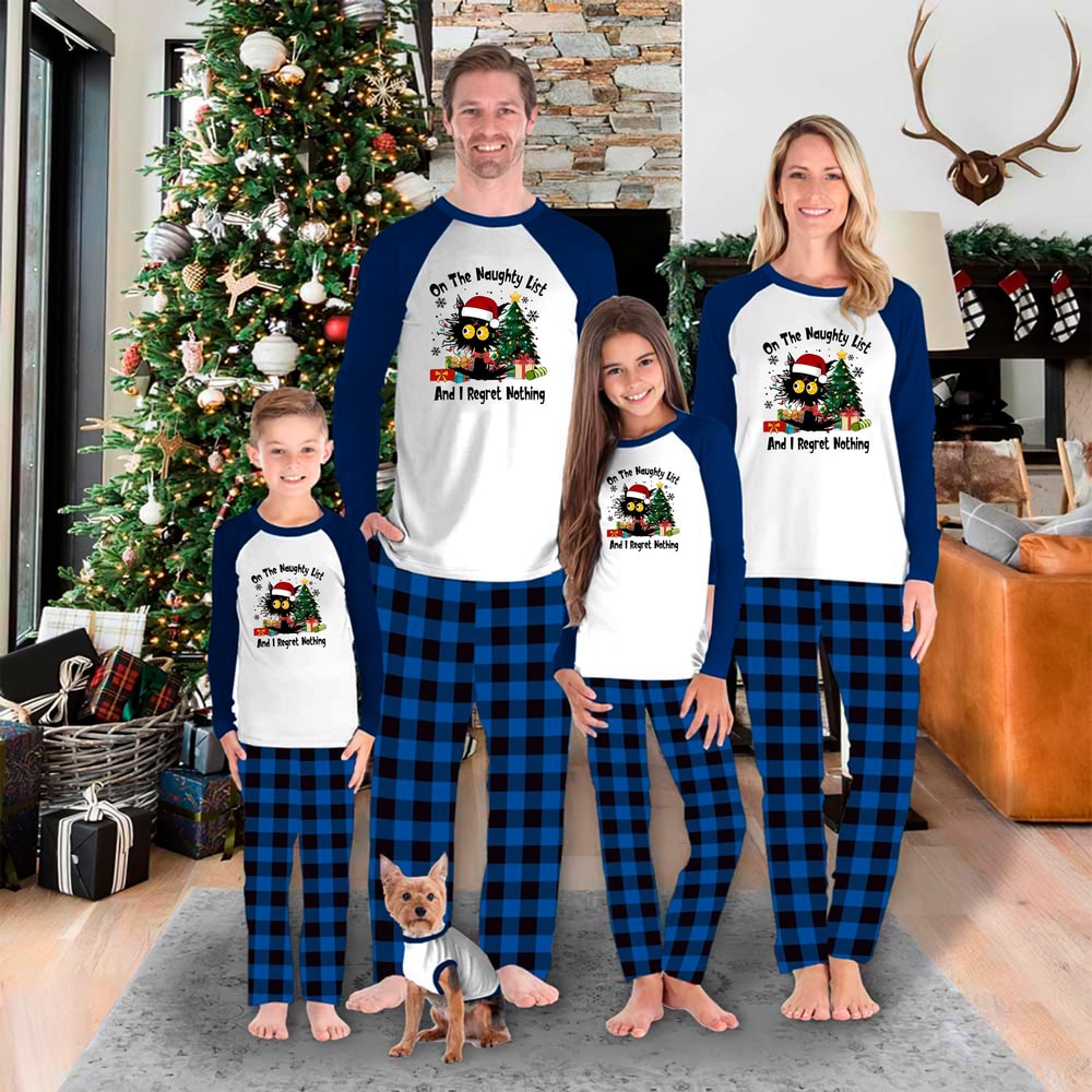 Funny Black Cat On the Naughty List Family Christmas PJs Blue
