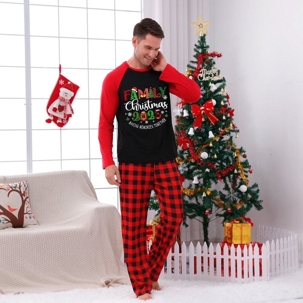 Family Christmas Memories Matching Holiday Pajama Set in Red Buffalo Plaid