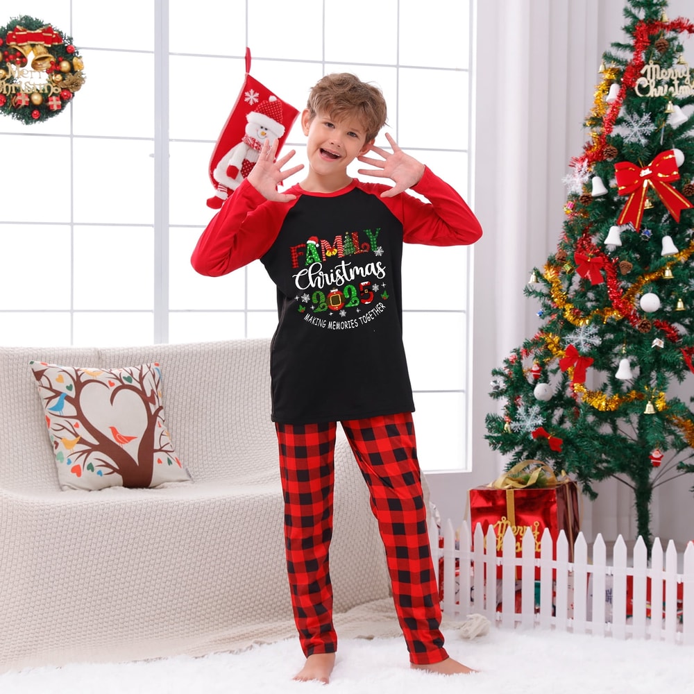 Family Christmas Memories Matching Holiday Pajama Set in Red Buffalo Plaid