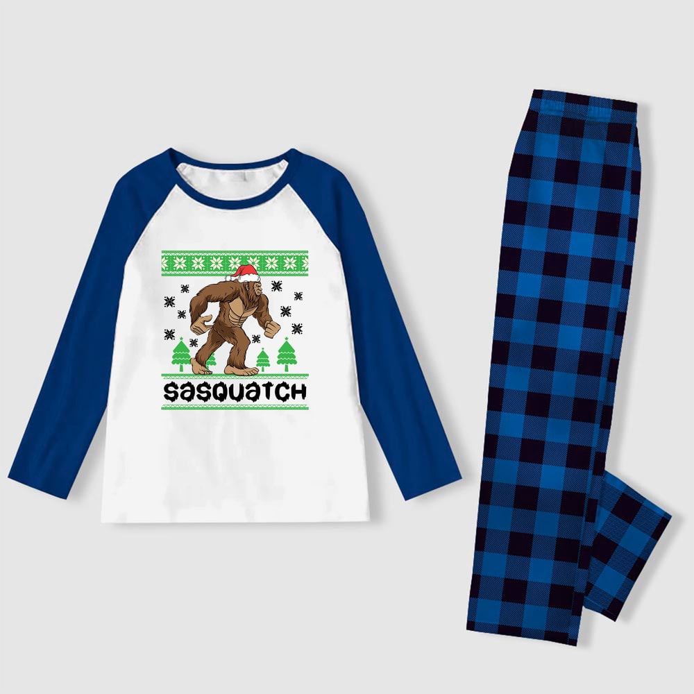 Sasquatch Holiday Pajamas Blue Plaid for Bigfoot Winter Celebrations
