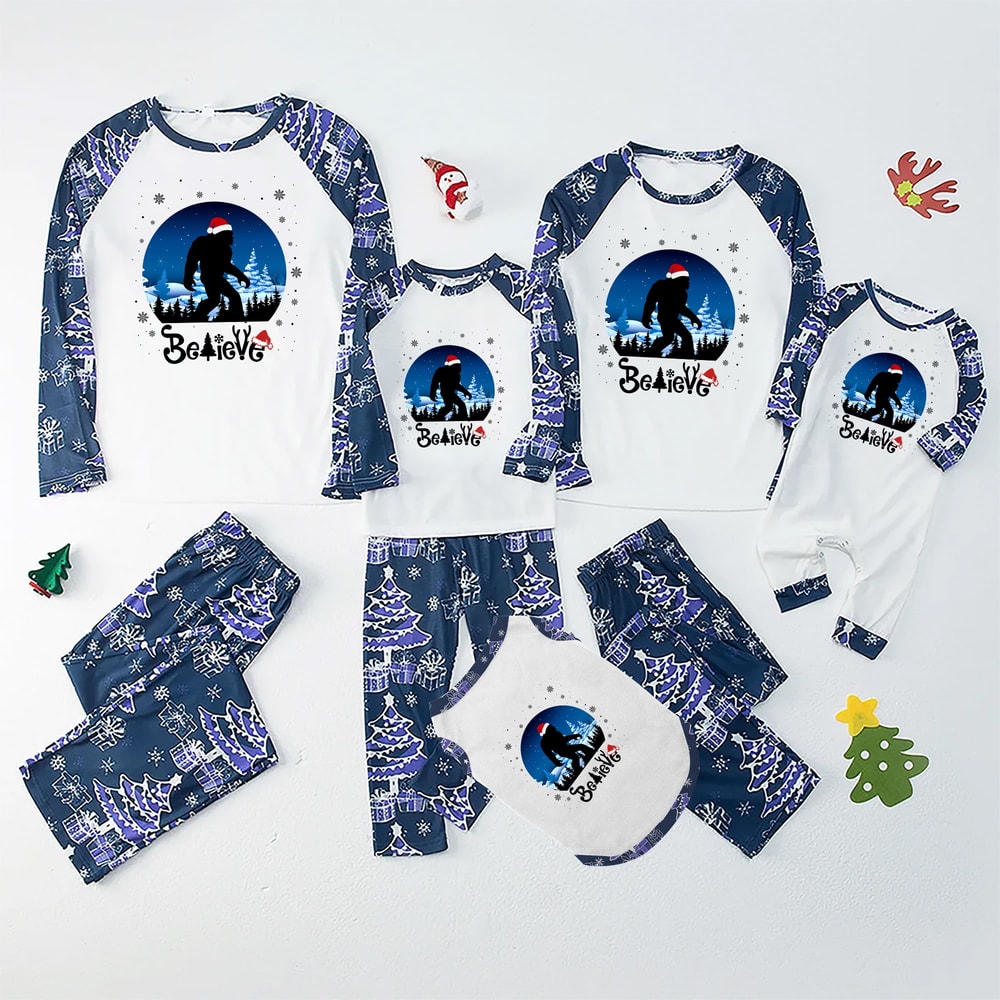 Navy Believe Bigfoot Matching Family Christmas PJs with Pet Outfit