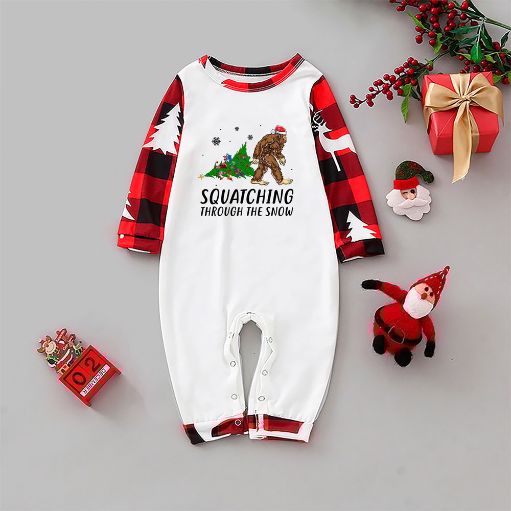 Bigfoot Squatching Through the Snow Family Christmas PJs Red