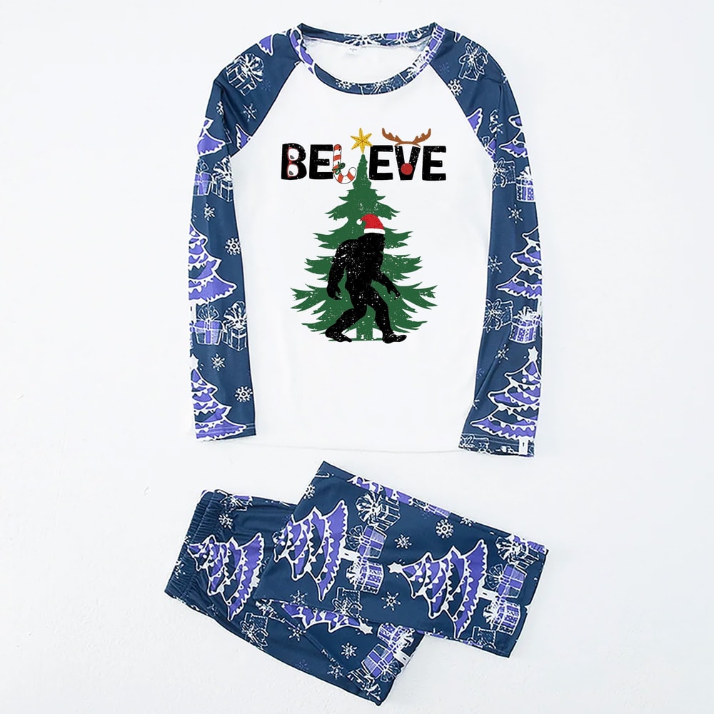 Bigfoot Believe Holiday Matching Family Pajama Set Navy Christmas Tree