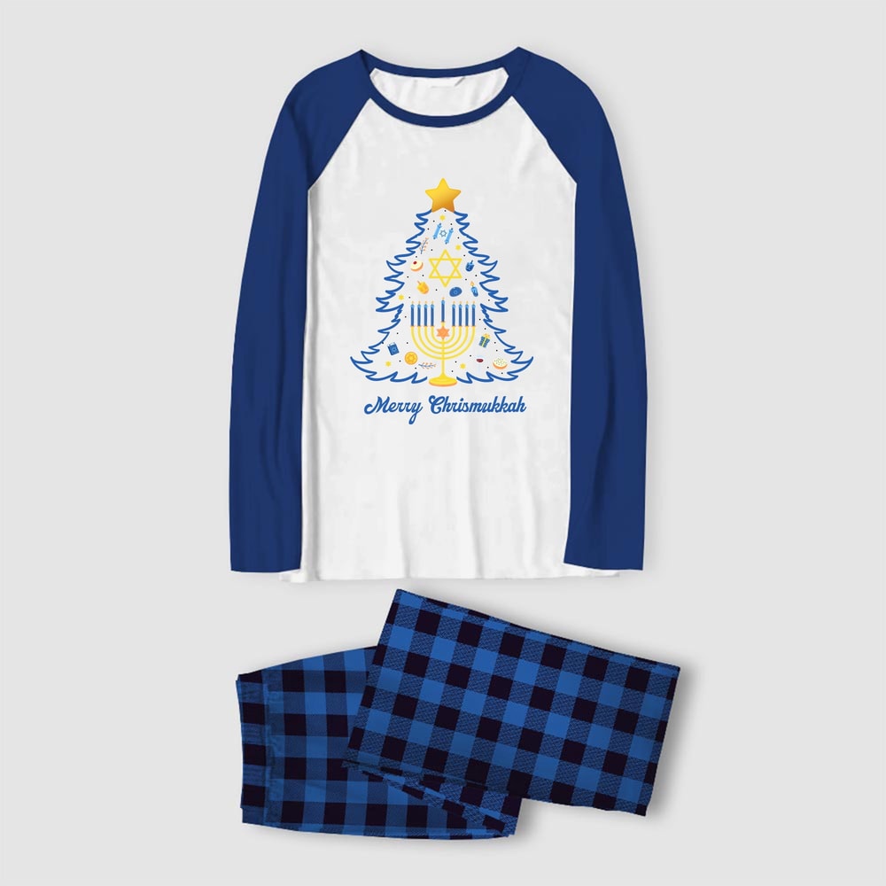 Merry Christmukkah Matching Family Pajama Set Blue Plaid with Pet Shirt