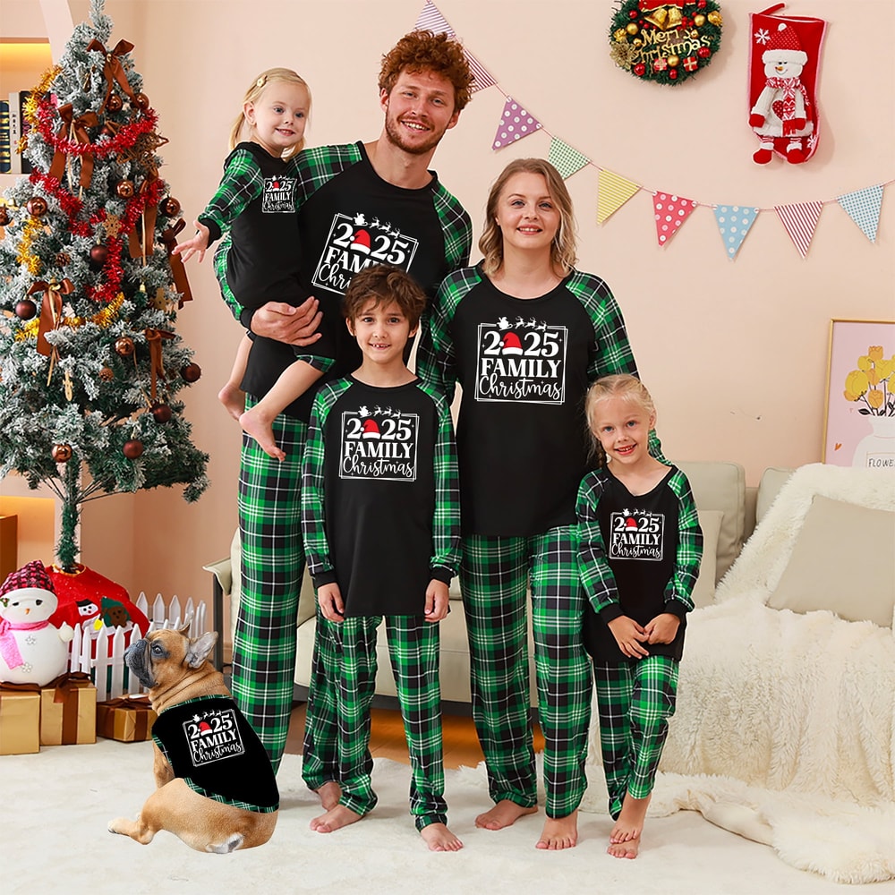 2025 Family Christmas PJs Green Plaid Matching Set for Families and Pets