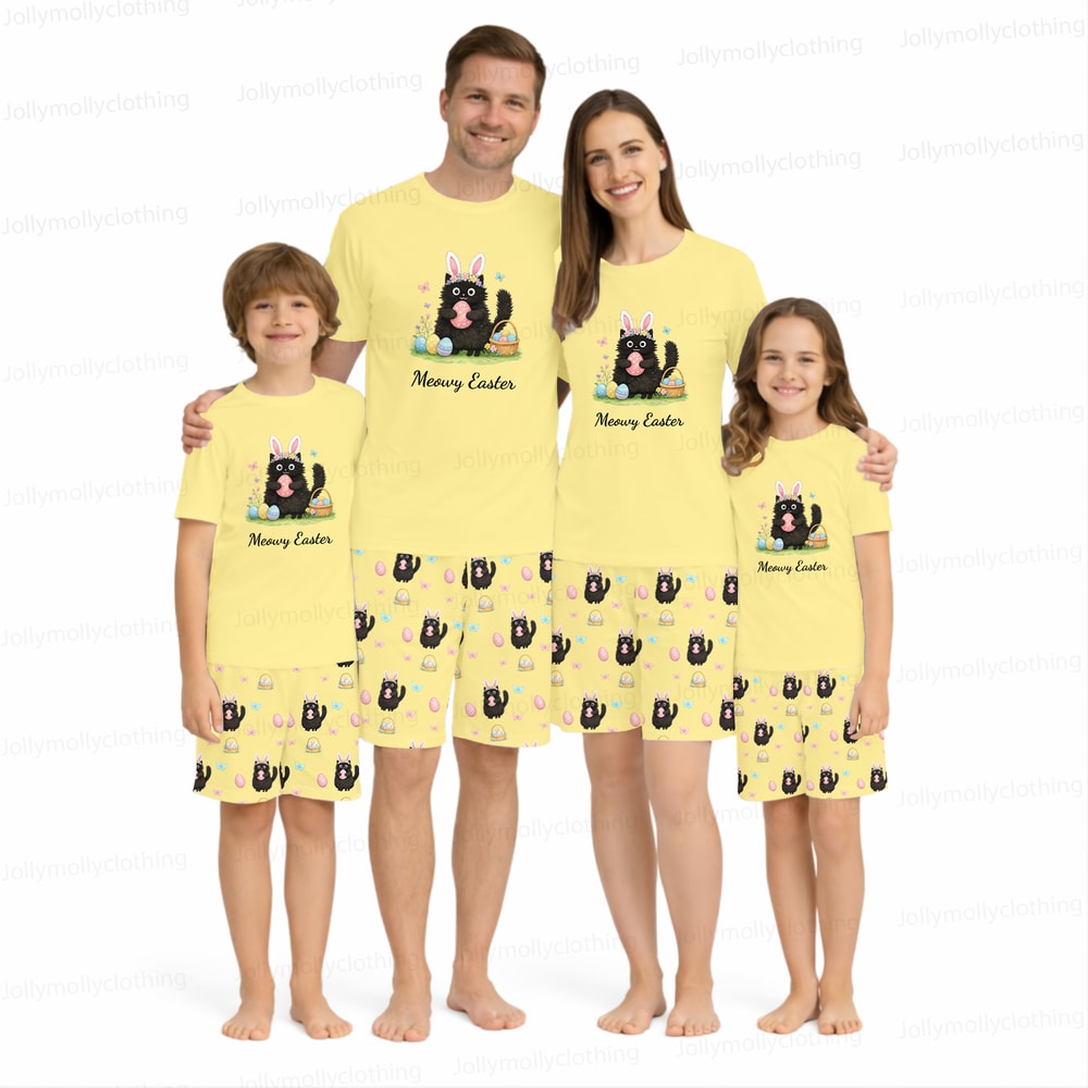 Matching Family Easter Pajamas Yellow Meowy Easter Cat Short PJ Sets