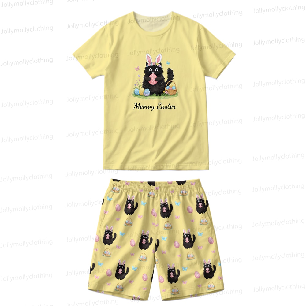 Matching Family Easter Pajamas Yellow Meowy Easter Cat Short PJ Sets