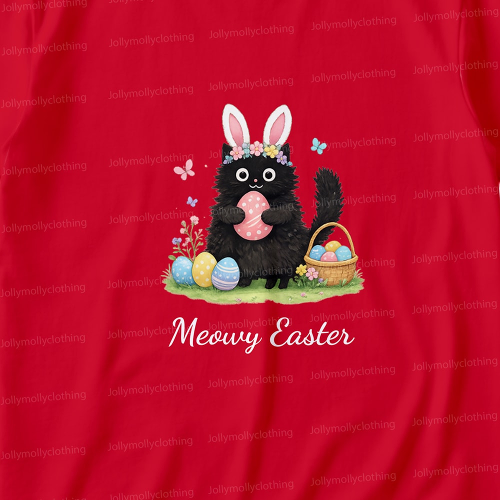 Red Meowy Easter Cute Bunny Cat Matching Family Short Pajamas Set 