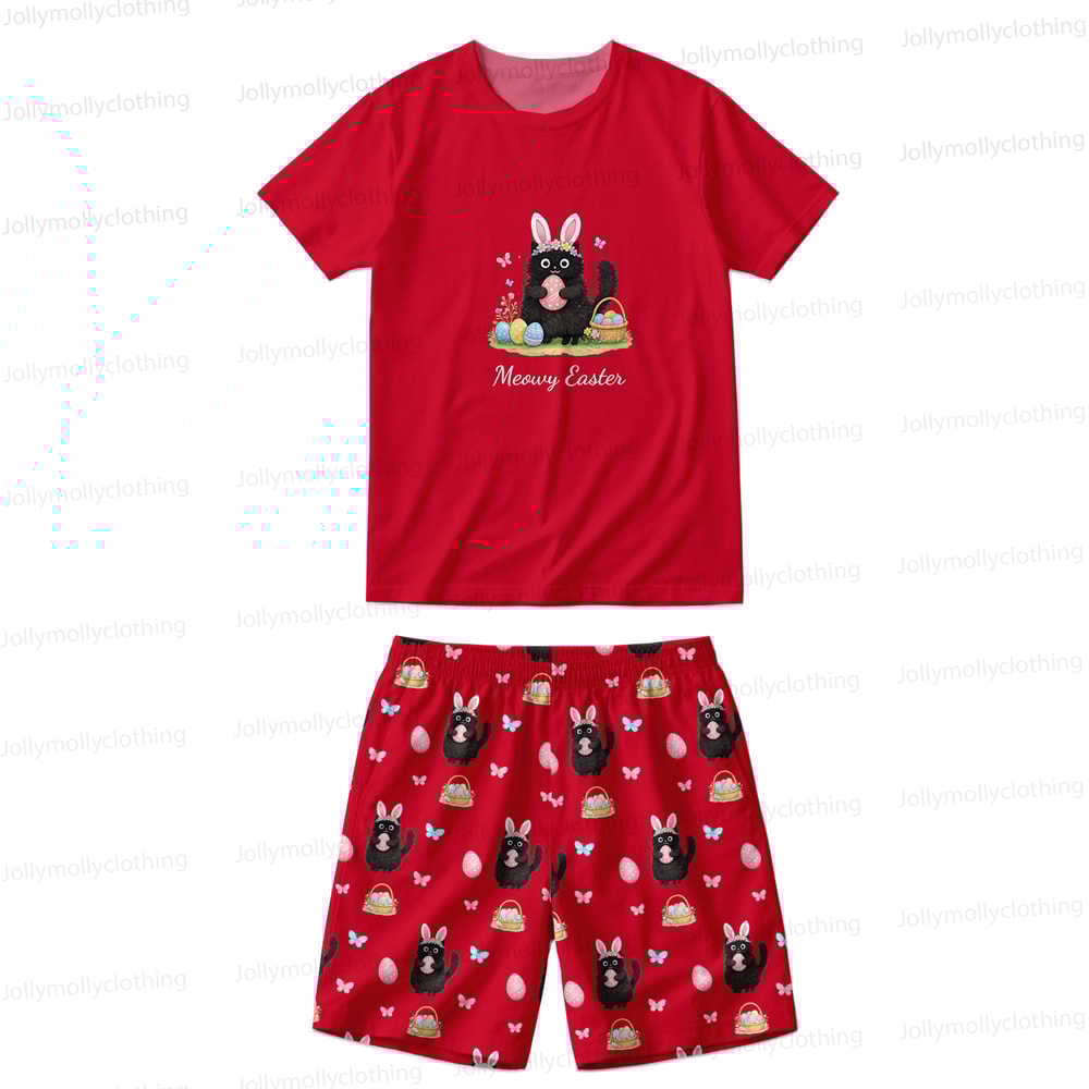 Red Meowy Easter Cute Bunny Cat Matching Family Short Pajamas Set 
