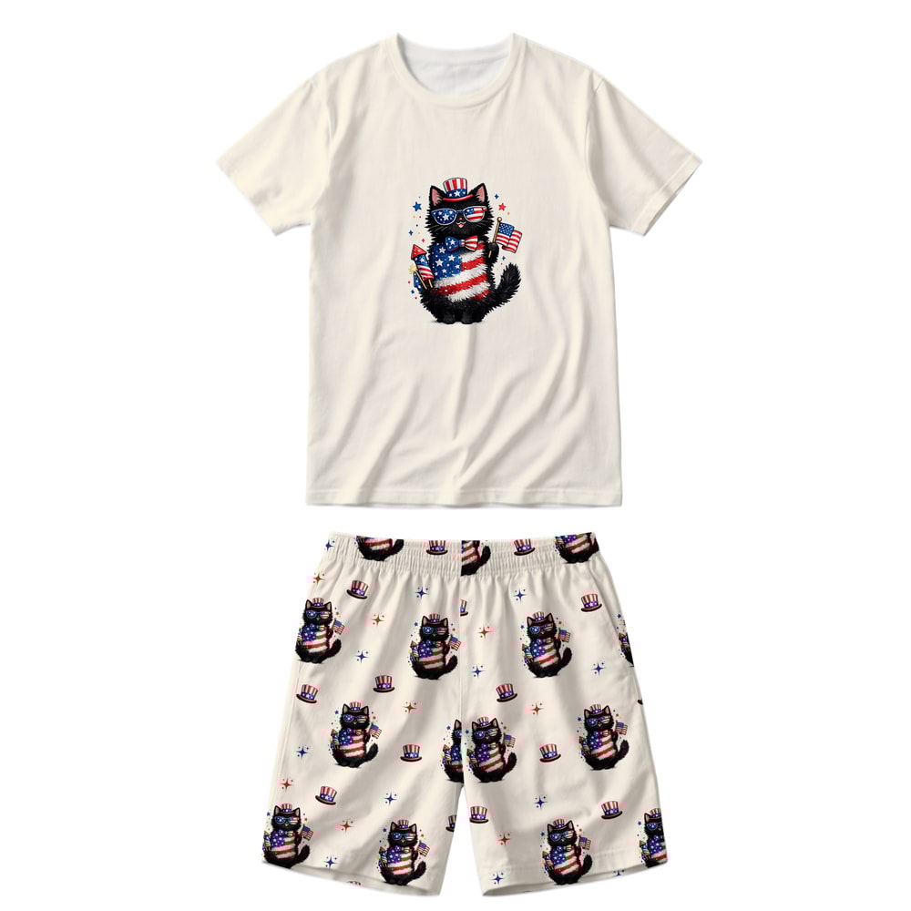 Cute Black Cat 4th of July Family Pajamas With Pockets