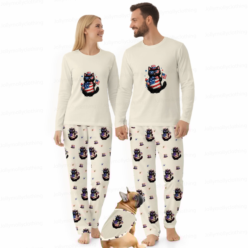 Patriotic Black Cat Family Matching Pajamas 4th of July Long Sleeve Set