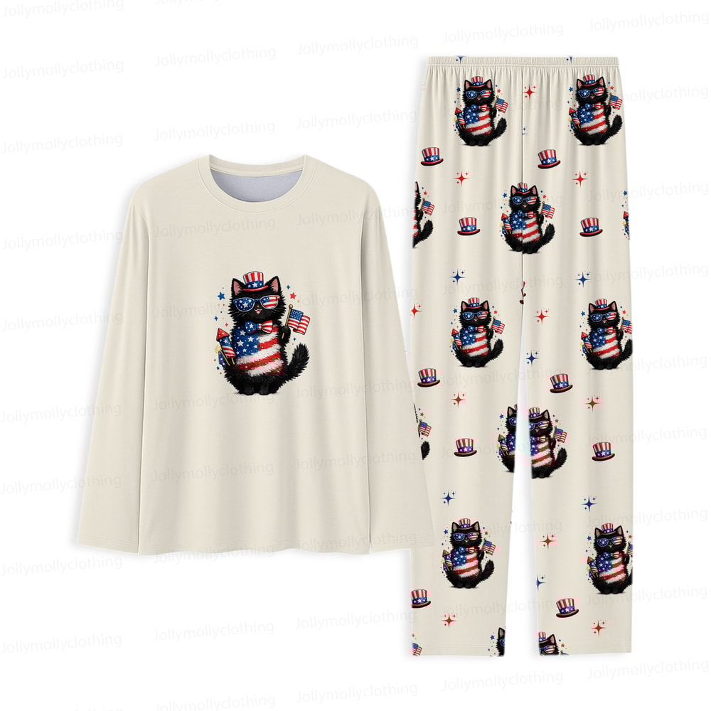 Patriotic Black Cat Family Matching Pajamas 4th of July Long Sleeve Set