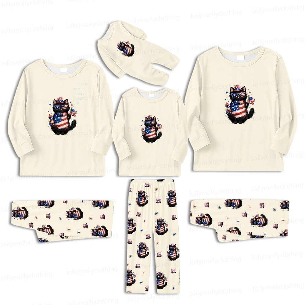 Patriotic Black Cat Family Matching Pajamas 4th of July Long Sleeve Set