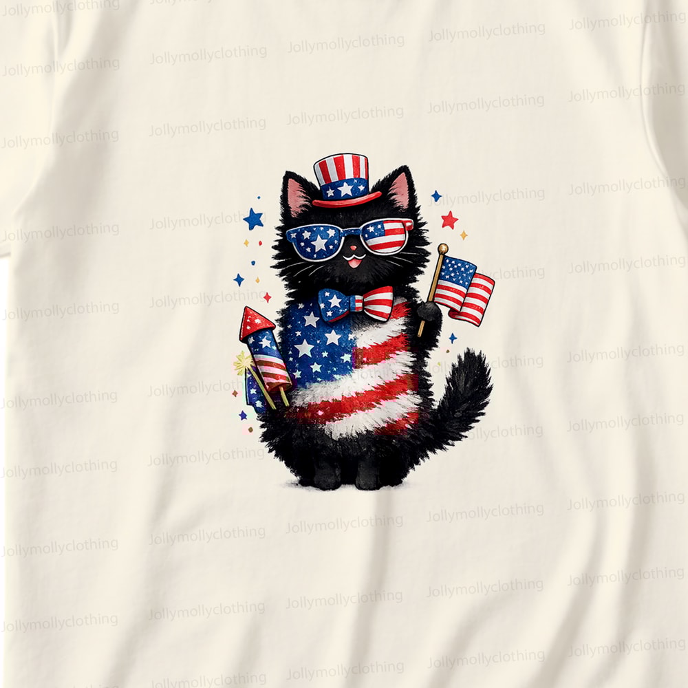 Patriotic Black Cat Family Matching Pajamas 4th of July Long Sleeve Set