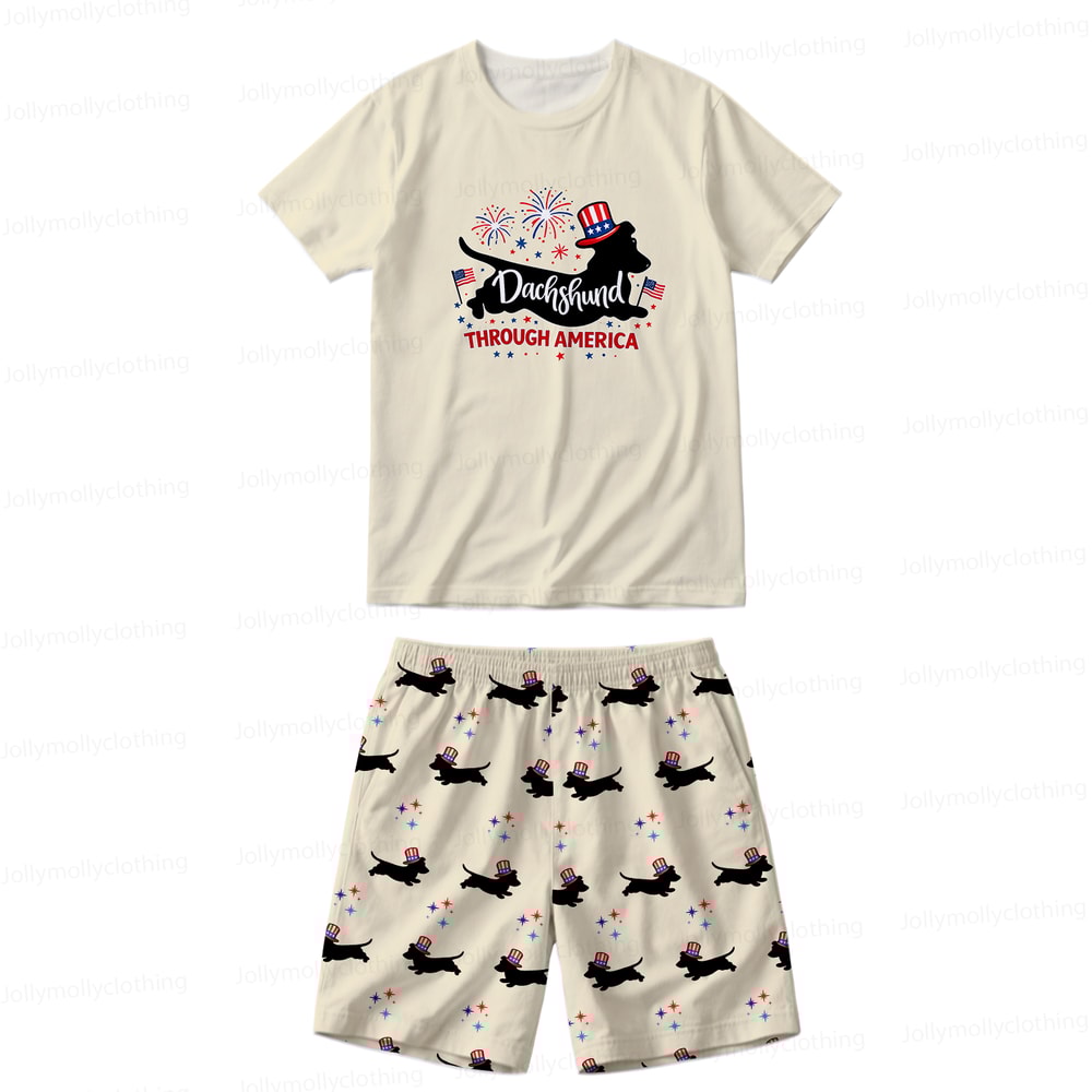 Dachshund Through America Family Matching Pajamas 4th of July Short Set