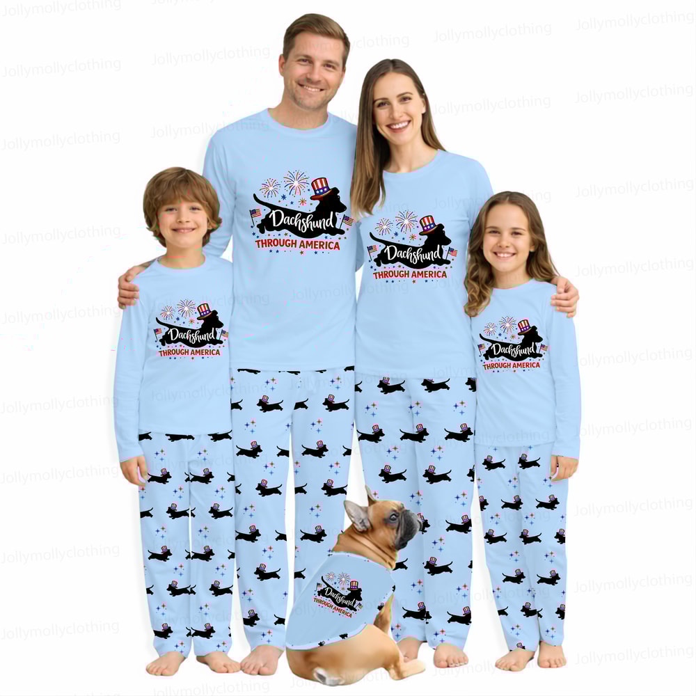 Dachshund Through America Family Matching Pajamas 4th of July Blue Long Sleeve Set