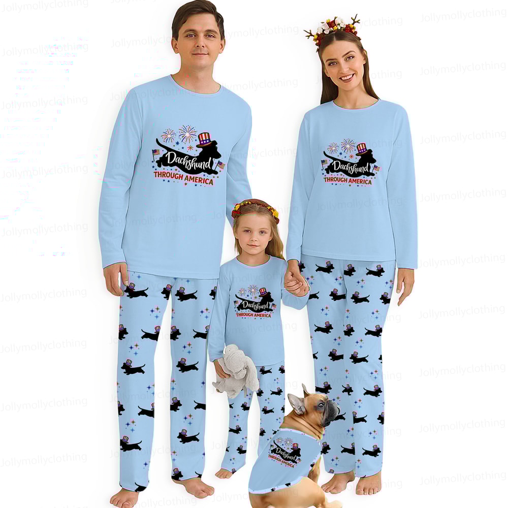 Dachshund Through America Family Matching Pajamas 4th of July Blue Long Sleeve Set