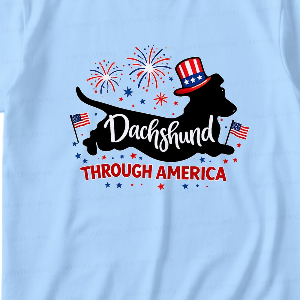 Dachshund Through America Family Matching Pajamas 4th of July Blue Long Sleeve Set