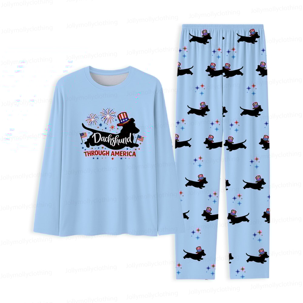 Dachshund Through America Family Matching Pajamas 4th of July Blue Long Sleeve Set