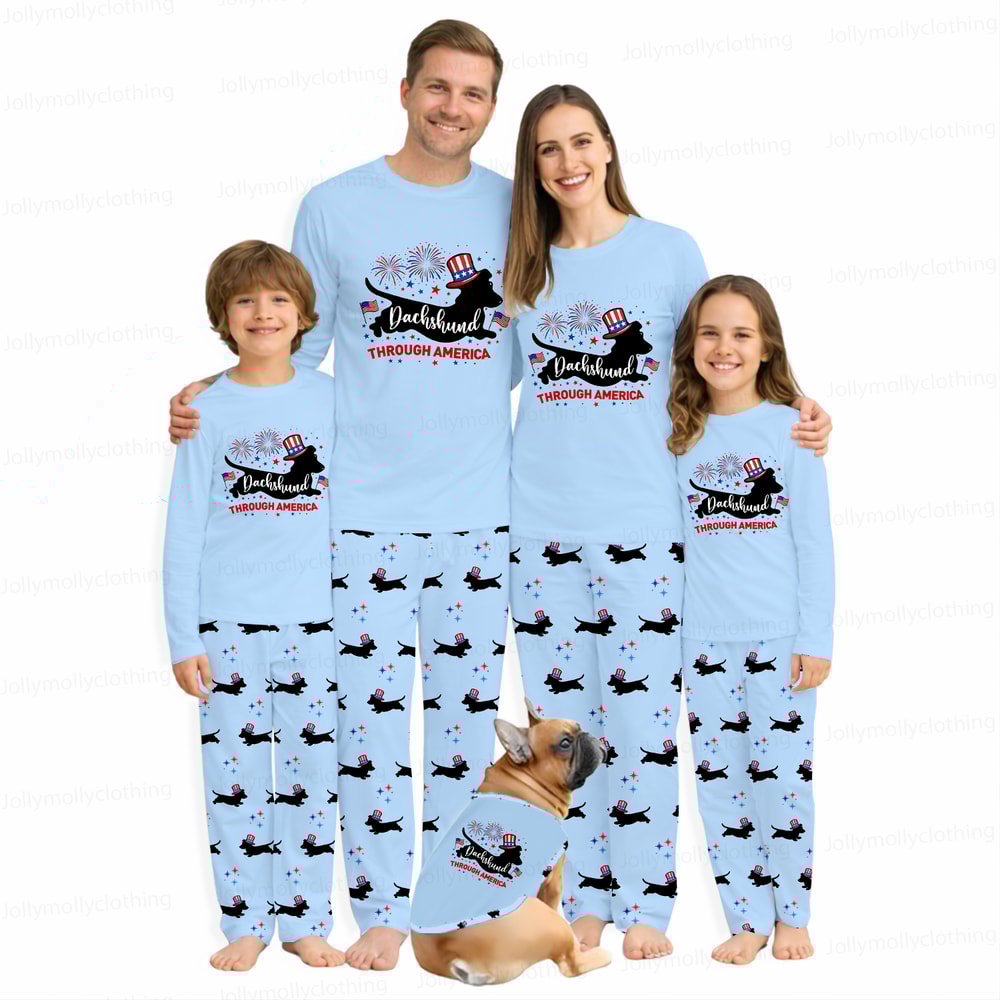 Dachshund Through America Family Matching Pajamas 4th of July Blue Long Sleeve Set