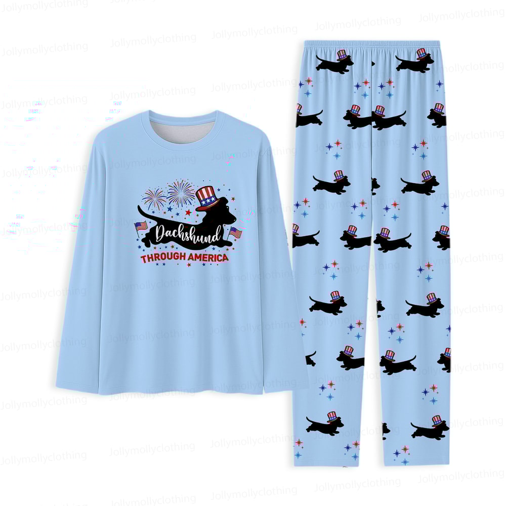 Dachshund Through America Family Matching Pajamas 4th of July Blue Long Sleeve Set