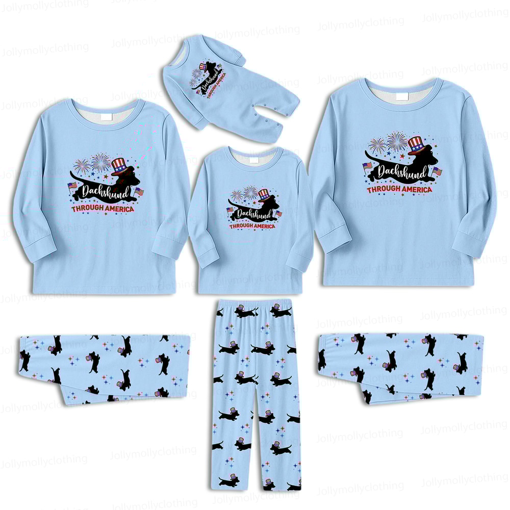 Dachshund Through America Family Matching Pajamas 4th of July Blue Long Sleeve Set