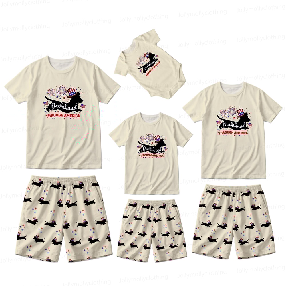 Dachshund Through America Family Matching Pajamas 4th of July Short Set