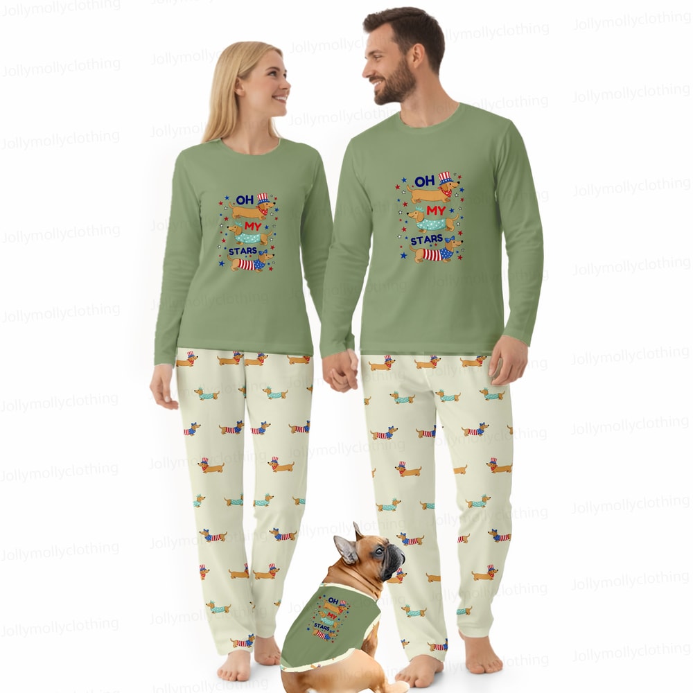 Cute Dachshund Family Matching Pajamas Oh My Stars Patriotic Green Long Sleeve Set
