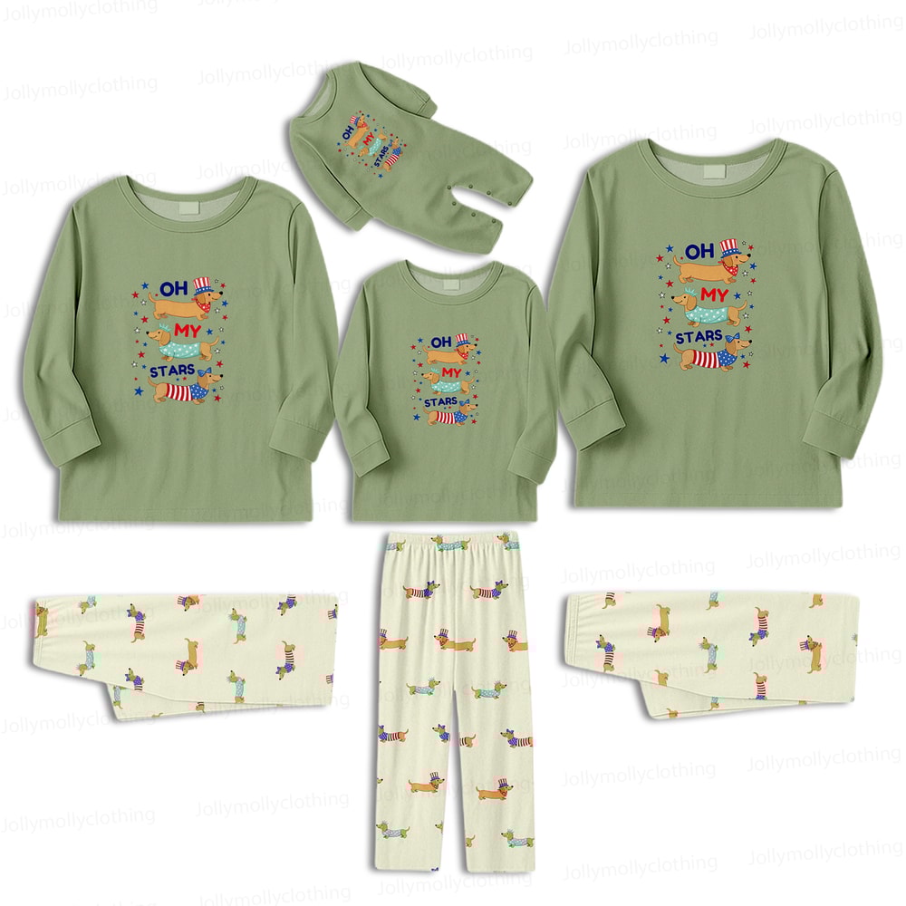 Cute Dachshund Family Matching Pajamas Oh My Stars Patriotic Green Long Sleeve Set