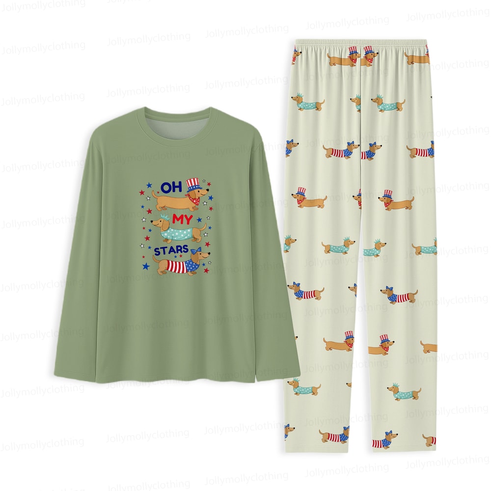 Cute Dachshund Family Matching Pajamas Oh My Stars Patriotic Green Long Sleeve Set