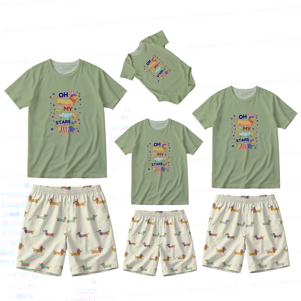 4th of July Oh My Stars Dachshund Family Matching Pajamas Green Short Set