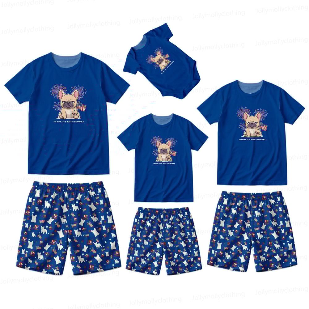 Funny French Bulldog Fireworks Family Matching Pajamas Short Set