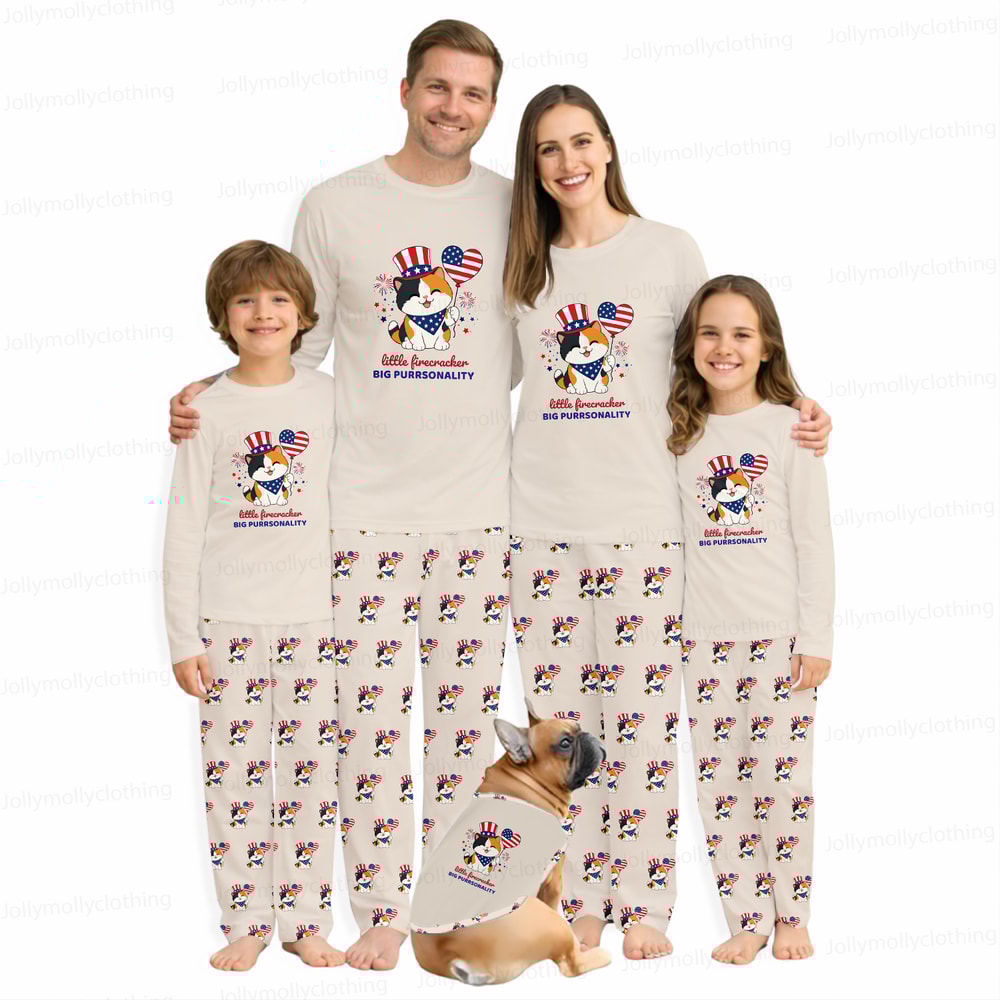 Cute Patriotic Cat Family Matching Pajamas Little Firecracker Set