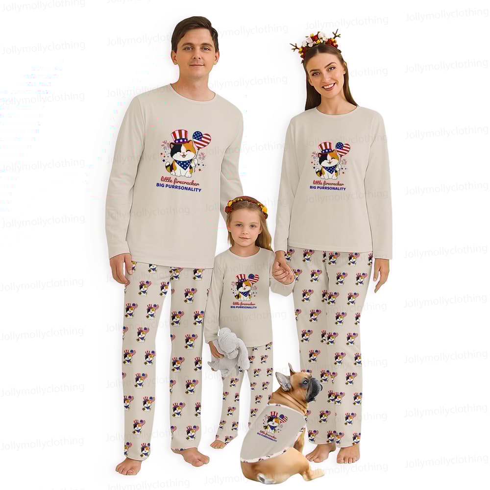 Cute Patriotic Cat Family Matching Pajamas Little Firecracker Set