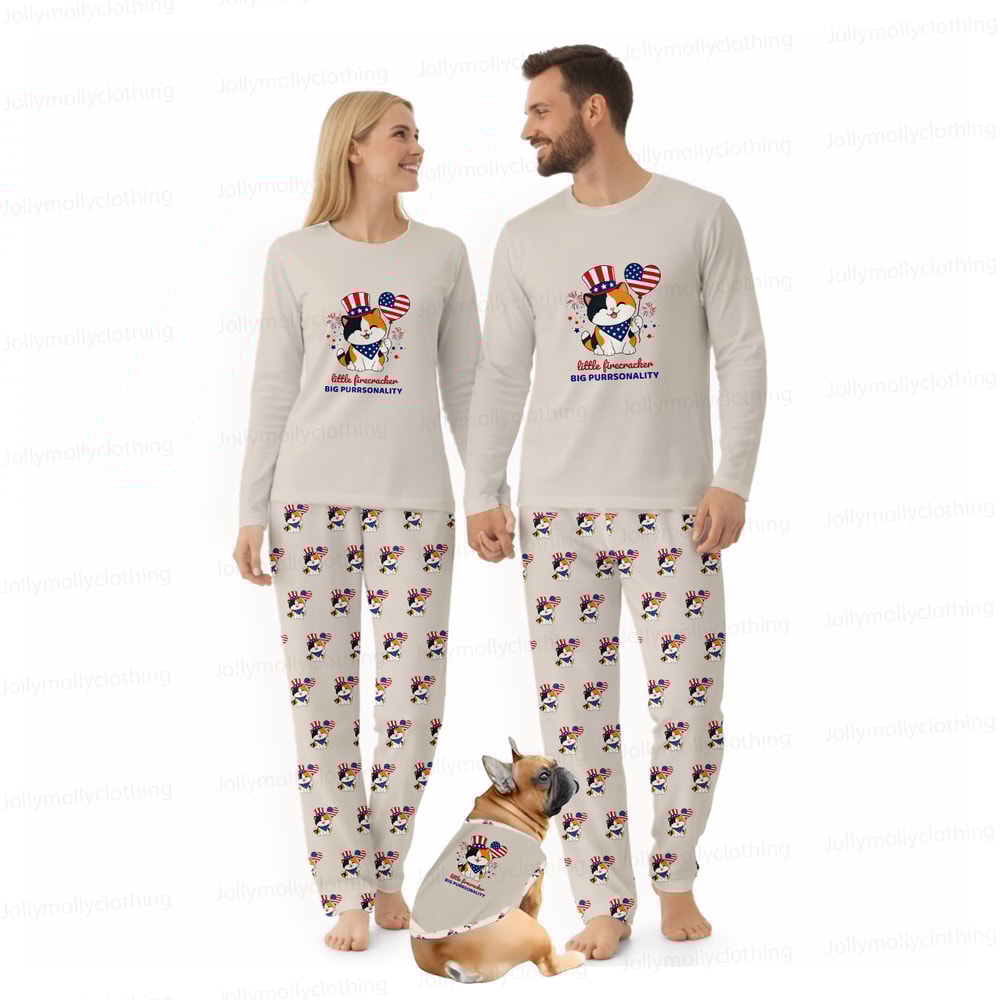 Cute Patriotic Cat Family Matching Pajamas Little Firecracker Set