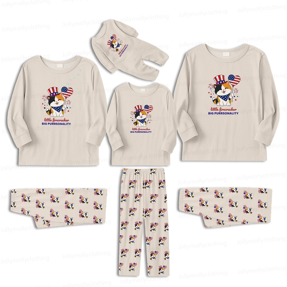 Cute Patriotic Cat Family Matching Pajamas Little Firecracker Set
