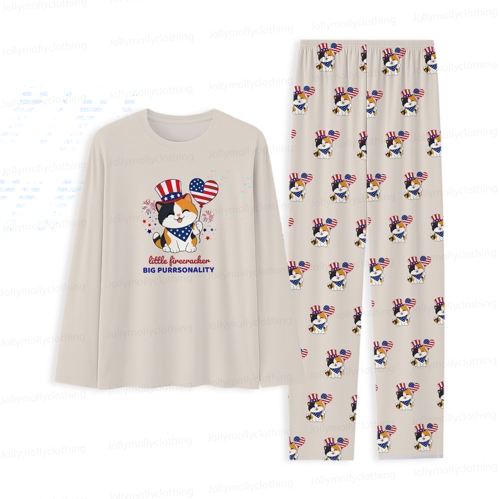 Cute Patriotic Cat Family Matching Pajamas Little Firecracker Set