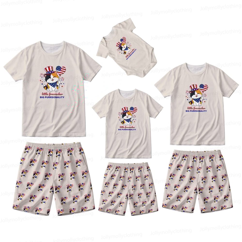 4th of July Cat Family Matching Pajamas Little Firecracker Cute Short Set