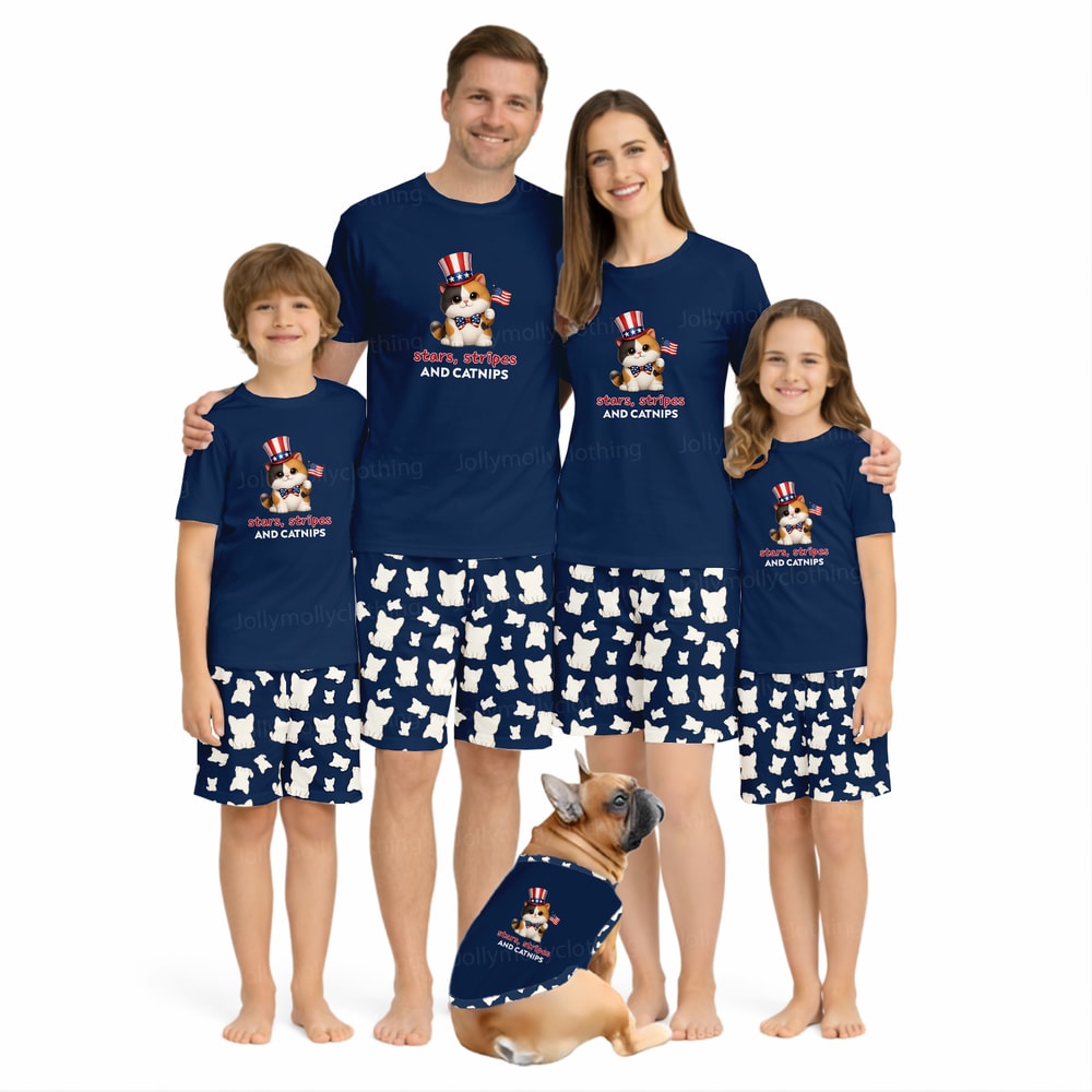 Stars Stripes and Catnips Cat Family Matching Pajamas 4th of July Short Set