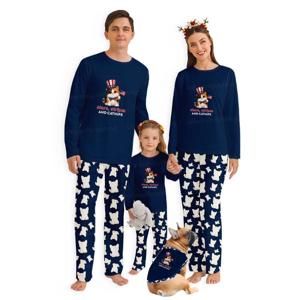 Cute Cat Pajamas Family Matching Stars Stripes and Catnips 