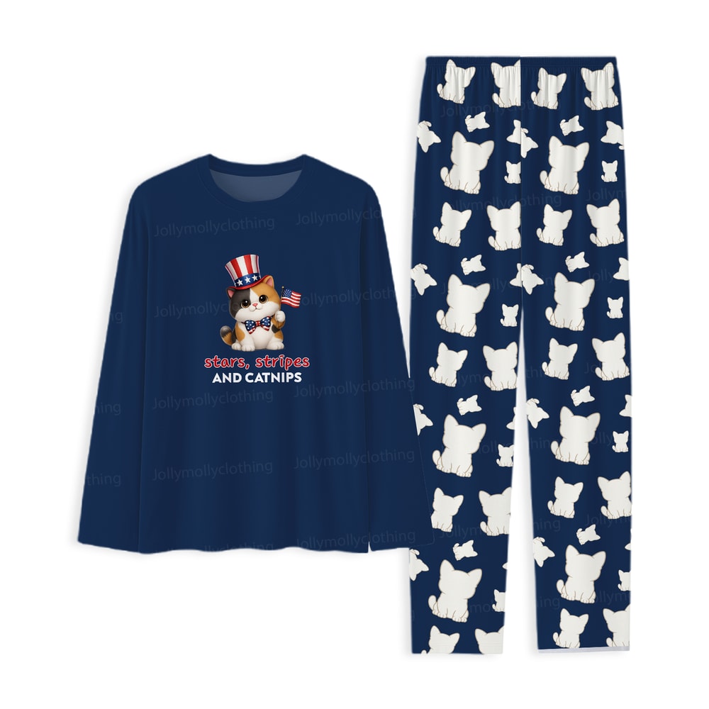 Cute Cat Pajamas Family Matching Stars Stripes and Catnips 