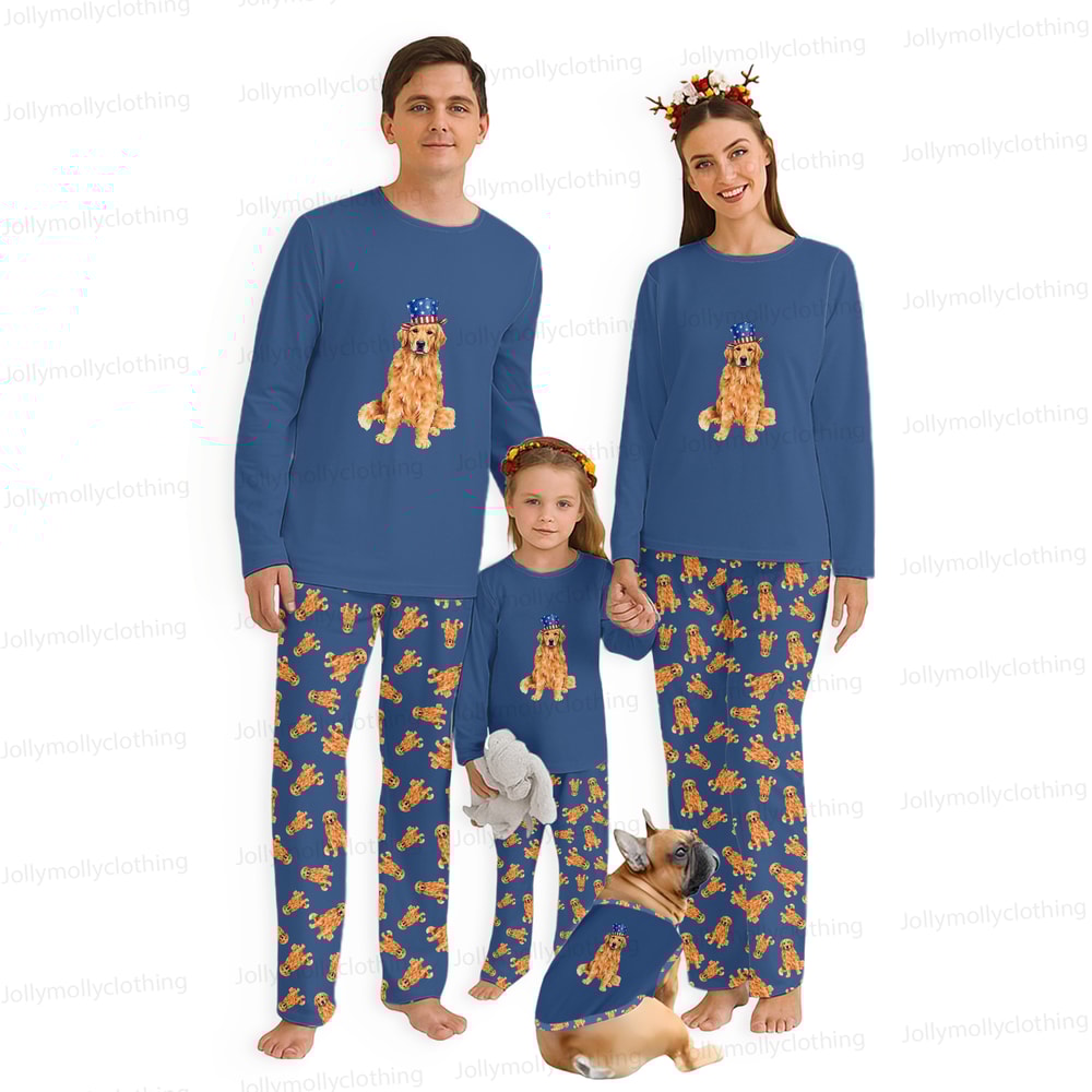 Patriotic Golden Retriever Family Matching Pajamas 4th of July Long Sleeve Set