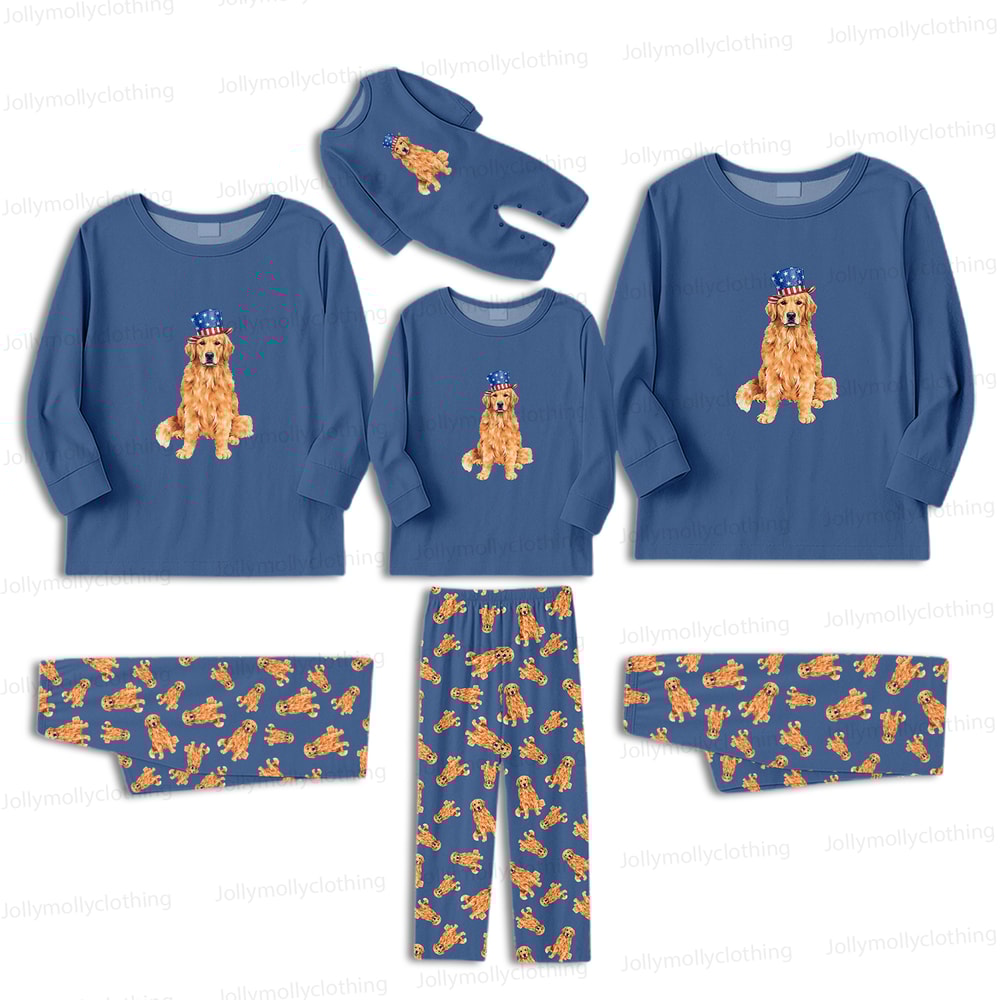 Patriotic Golden Retriever Family Matching Pajamas 4th of July Long Sleeve Set