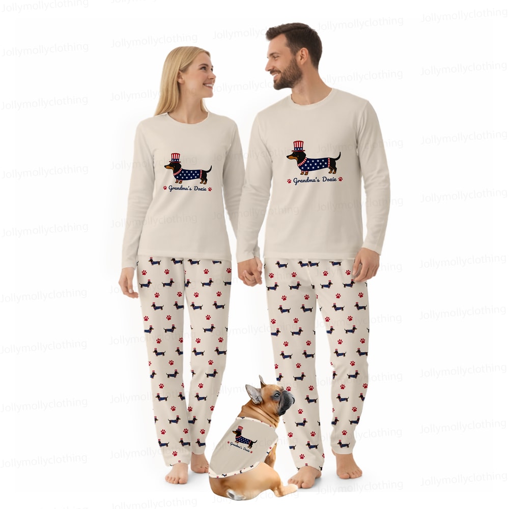 Personalized Grandma’s Doxie Family Matching Pajamas 4th of July Long Sleeve Set
